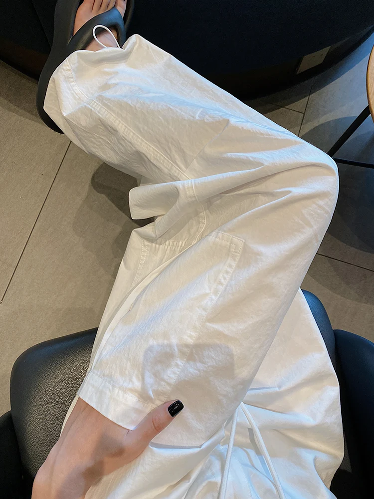 

White High Waist Thin Casual Sports Pants for Women Off Workwear Trousers Summer Wide Leg Simple Sle Long Cotton Blend