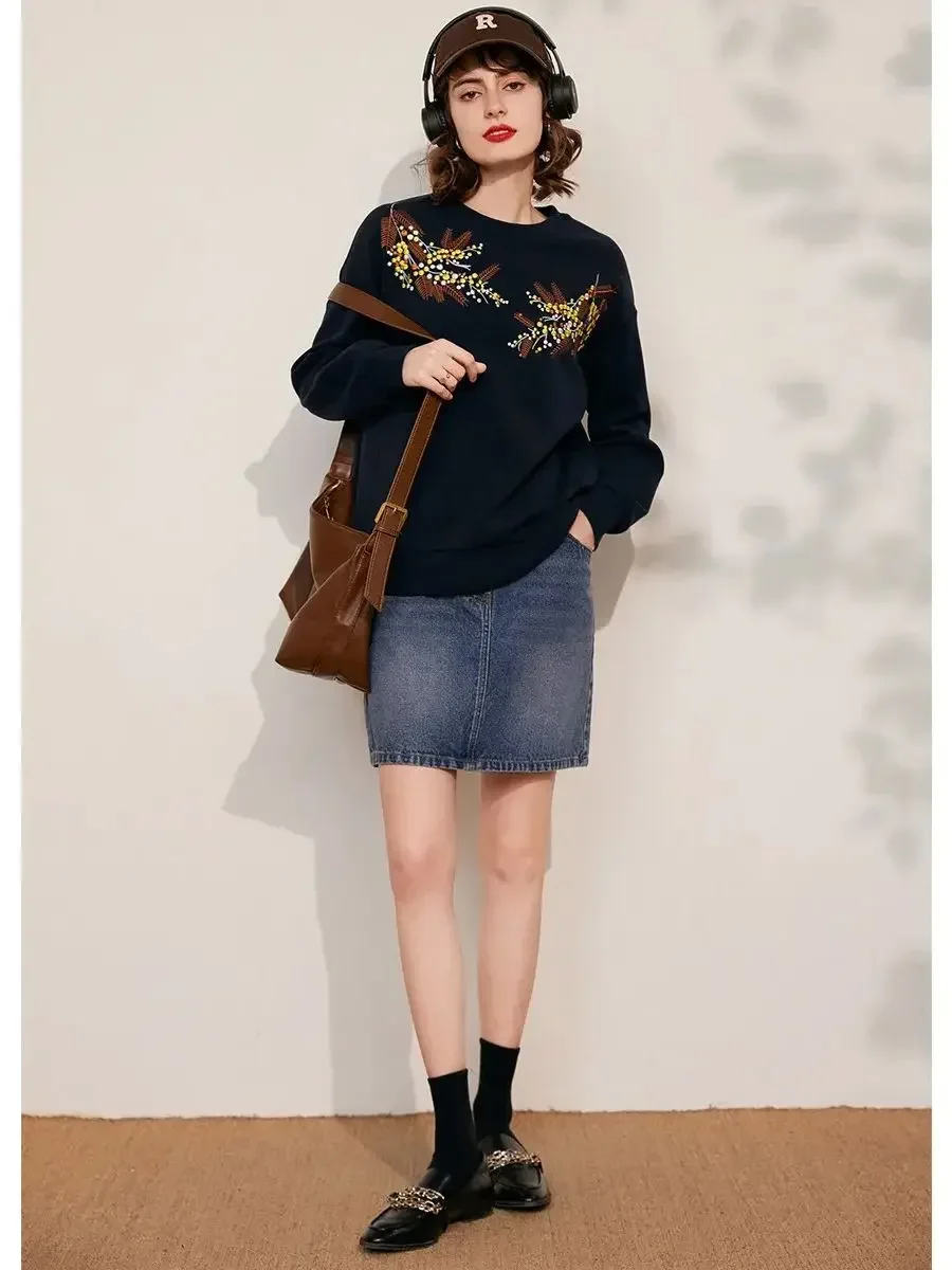 LOUIS YAO Women Hoodies 2024 Spring New Round Neck Long Sleeve Contrast Color Embroider Casual Loose Fit Pullover Women's Top