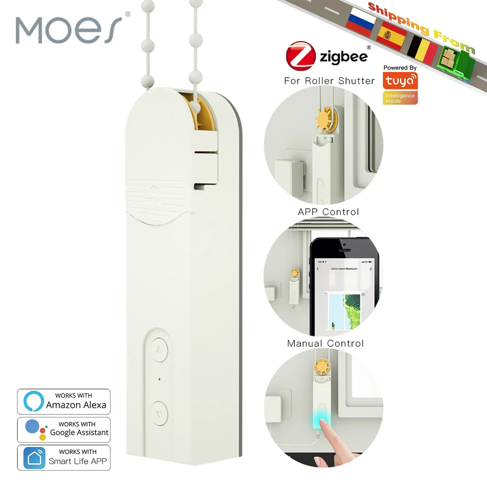 MOES ZigBee3.0 DIY Chain Motorized Bluetooth Roller shutter Blinds Shades Drive Motor Tuya Smart APP Alexa Google Voice Control