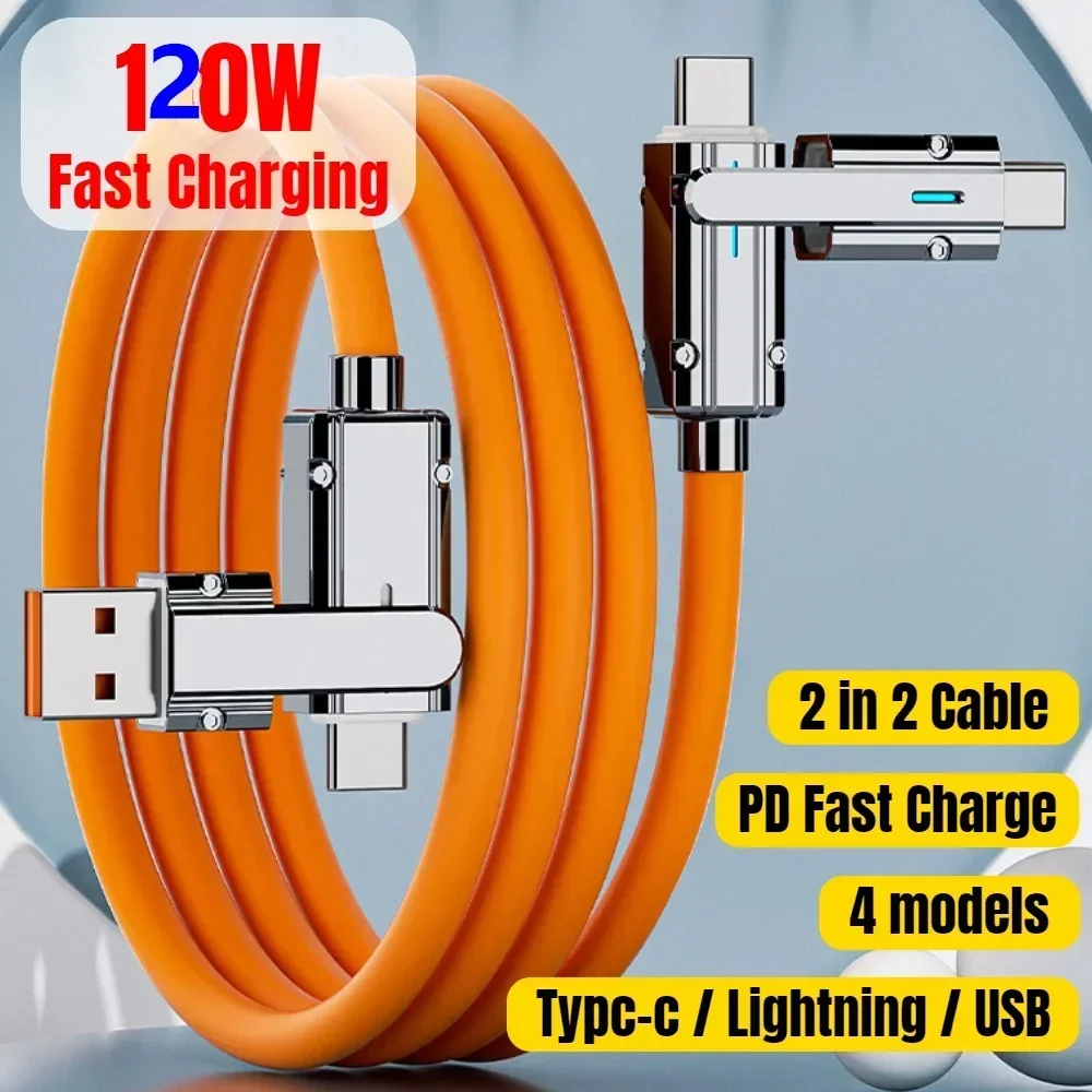 New 120W 2 in 2 PD Fast USB Cable for Huawei/Honor Retractable Portable 4 in 1 Micro USB Type C Charger Cable For Samsung / 1M