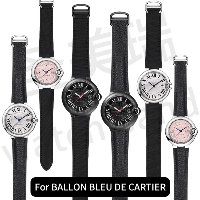 Nylon canvas watchband for BALLON BLEU DE CARTIER Black Knight Lychee pattern cowhide watch strap Genuine leather