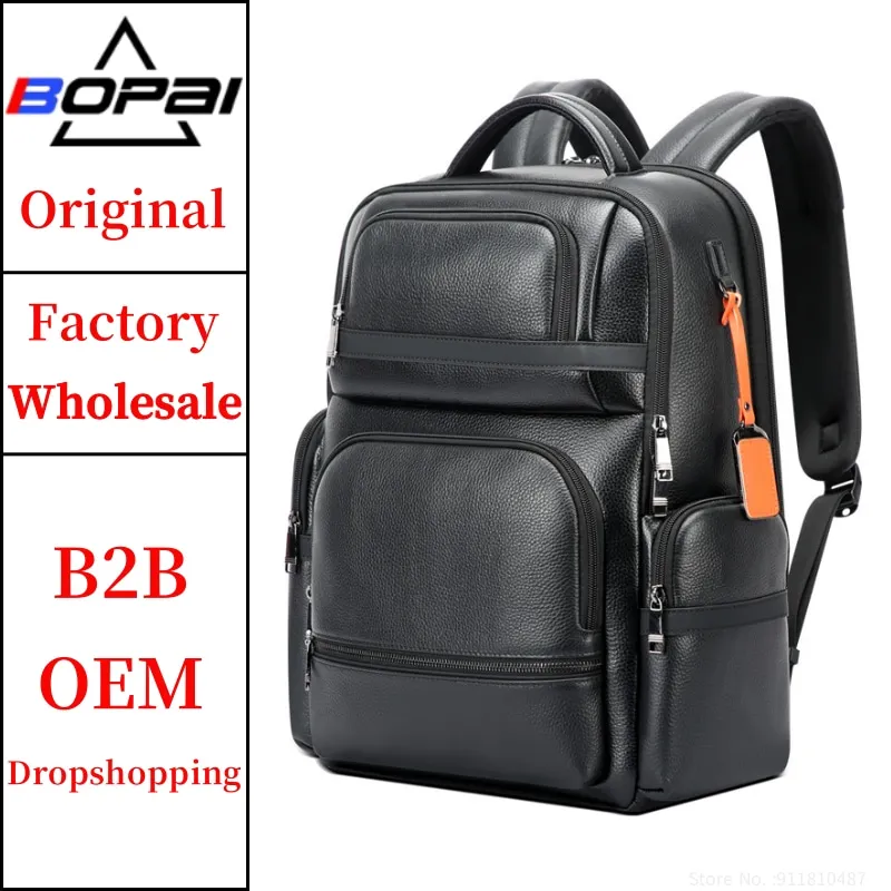 BOPAI Wholesale Men Business 15.6 Laptop Bag Leather Pc Luxury Anti Theft Expandable Back Pack Usb Travel Charging Backpack