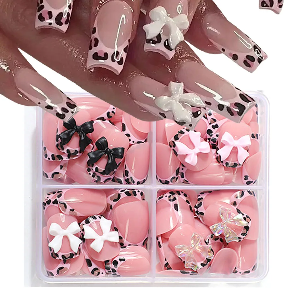 

96Pcs/box Leopard Print Bow Press On False Nails Tip Pink Square Mid-Length Wearable Nail High End French Bow Leopard Fake Nails