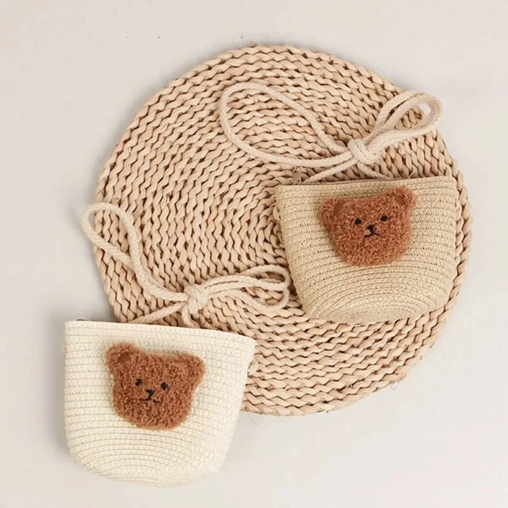 Cute Straw Woven Shoulder Bag Cartoon Bear Beach Coin Purse Handmade Travel Wallet Kids