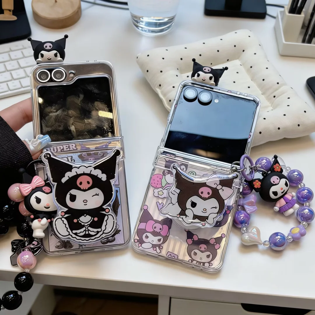 Cute Cartoon Kuromi Magnetic Stand Flip Hinge Phone Case For Samsung Zflip 7FE Zflip 6 5 4 3 7 Shockproof Protect TPU Soft Cover