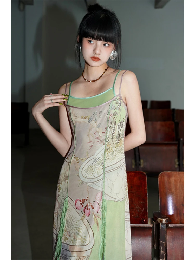 Slip Dress Printed Mesh Pullover round Neck Fake Two-Piece Retro Light Green Yellow Green Common Style New Chinese Style