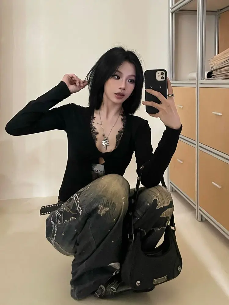 Yedinas Gothic Black Hollow Out Bodysuits Rompers Women Jumpsuits Fashion Solid Lace Long Sleeve Sexy Sheath Skinny Y2k T Shirt