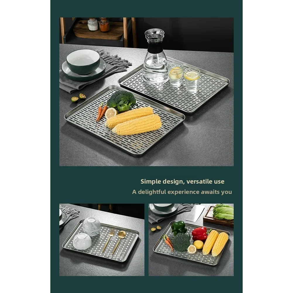 304 Stainless Steel Tea Tray Thickened Square Drain Plate With PP Grid For Kitchen Dish Drying And Vegetable Washing Tool
