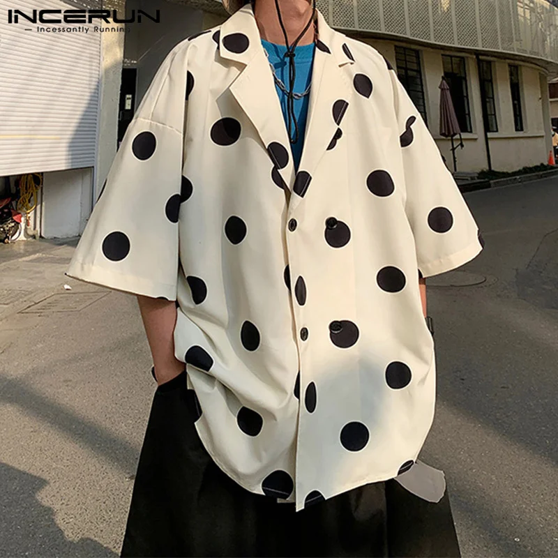 INCERUN Men Shirt Polka Dot Printing Lapel Short Sleeve Button Loose Men Clothing Summer Streetwear 2024 Fashion Casual Shirts