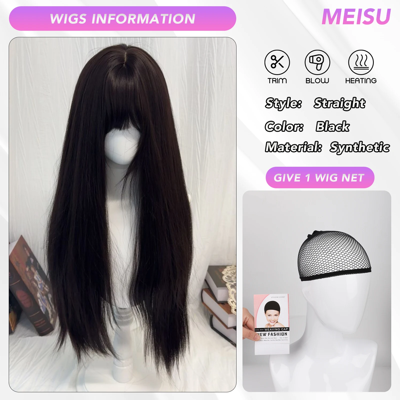 MEISU 32-Zoll-Perücke mit geradem Pony, synthetische Faser, geschichtetes Haar, hitzebeständig, natürlich, glatt, verlängertes Haar, Selfie-Party – Detail 4