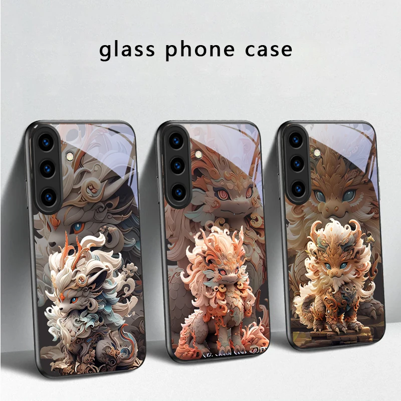 Kirin with flowing hair For Samsung Galaxy S20 S21 S22 S23 Plus S24 FE S25 Ultra S26 Edge S25+ S20+ S22+ Black Glass Phone Case