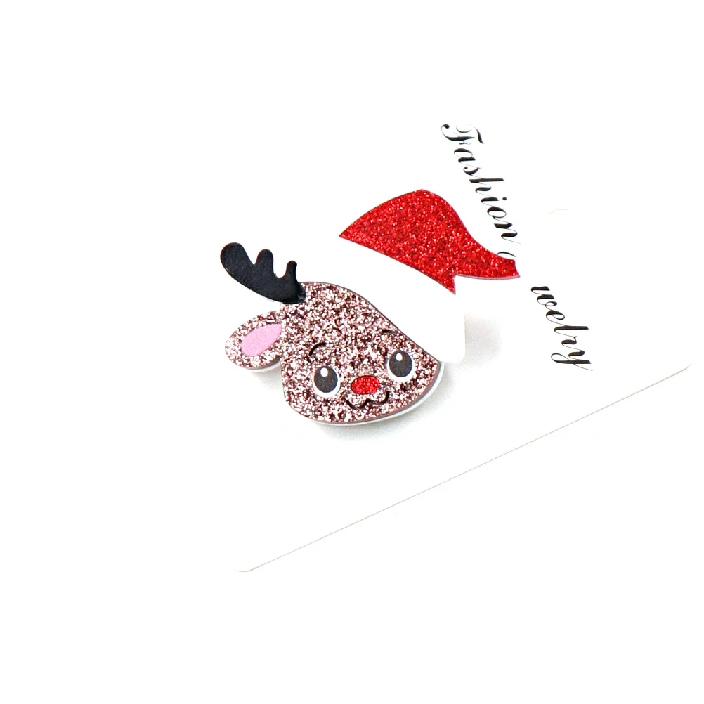 Chirstmas Reindeer With Santa Cap Glitter Acrylic Brooch Safety Pin