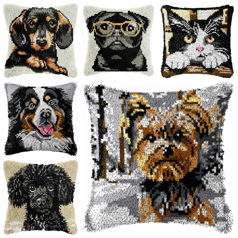 Kit de Ganchillo para Perros Adorables, Serie de Animales, Kit de Botones para Almohadas, Botones de Almohada, Kit de Botones de Smyrna, Paquete de Botones para Bordado, DIY