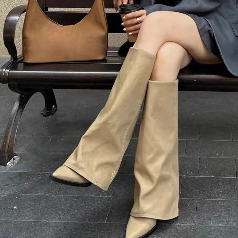 Pointed Toe Coarse Following Knee-High Long Boots Retro Slip on Woman Leather Wide Tube High Heel New Locomotive Boots Big Size