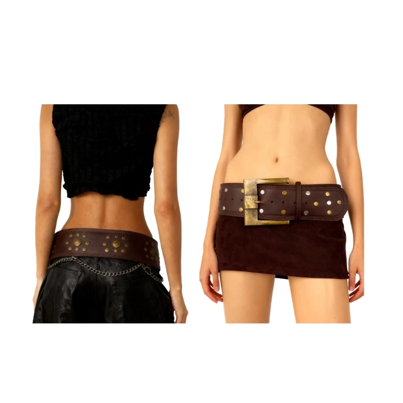 R7UF Wide Studded Waist Belt with Adjustable Closure for Dresses and Layered Outfits