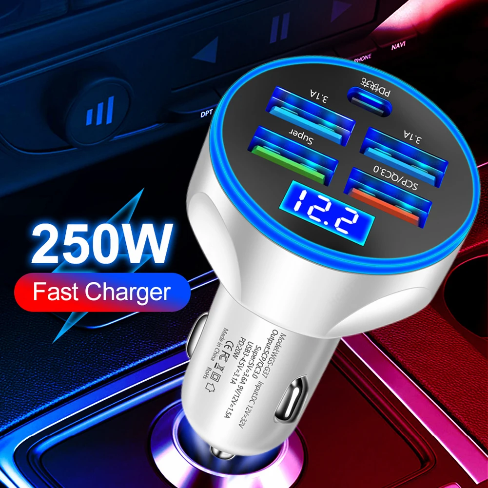 250W 5 Port Car Charger Super Fast Charging PD QC3.0 USB C Car Phone Charger Type C Adapter In Car For IPhone Huawei Realme OPPO