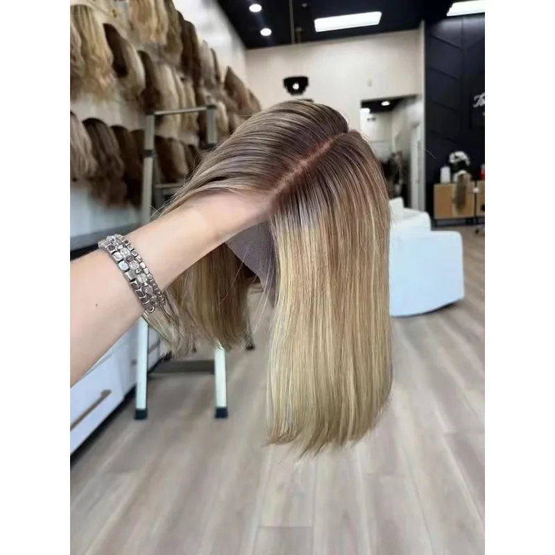 Short Ash Brown Blonde Highlight BobOmbreLace Front Wigs