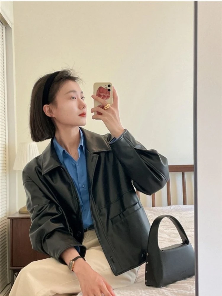 Black Casual PU Leather Jacket Women Fashion High Street Leather Jacket Female Korean-style Retro Motorcycle Coat 2025 Autumn