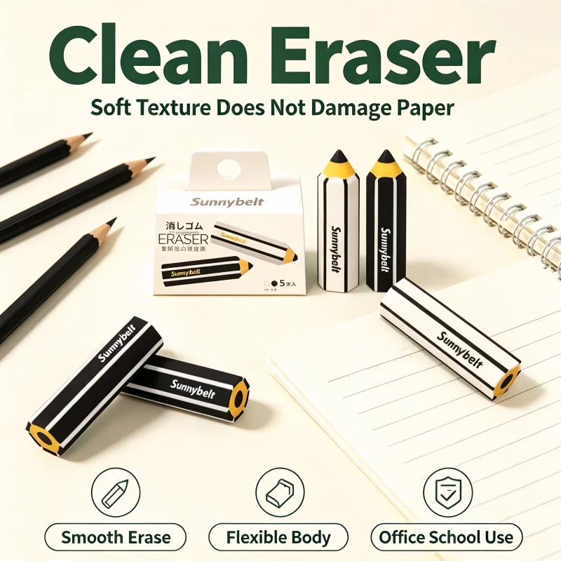 Pencil Shaped Eraser, Soft Texture Clean Wipe No Residue Rubber for Sketch Drawing, Student Office School Stationery Supplies