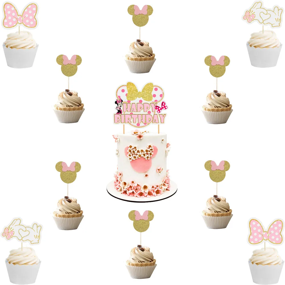 Minnie Mouse Pink Cake Toppers and Cup Plate Napkins Banner Birthday Party Decorations 1 Year Old Girl Birthday Cake Toppers