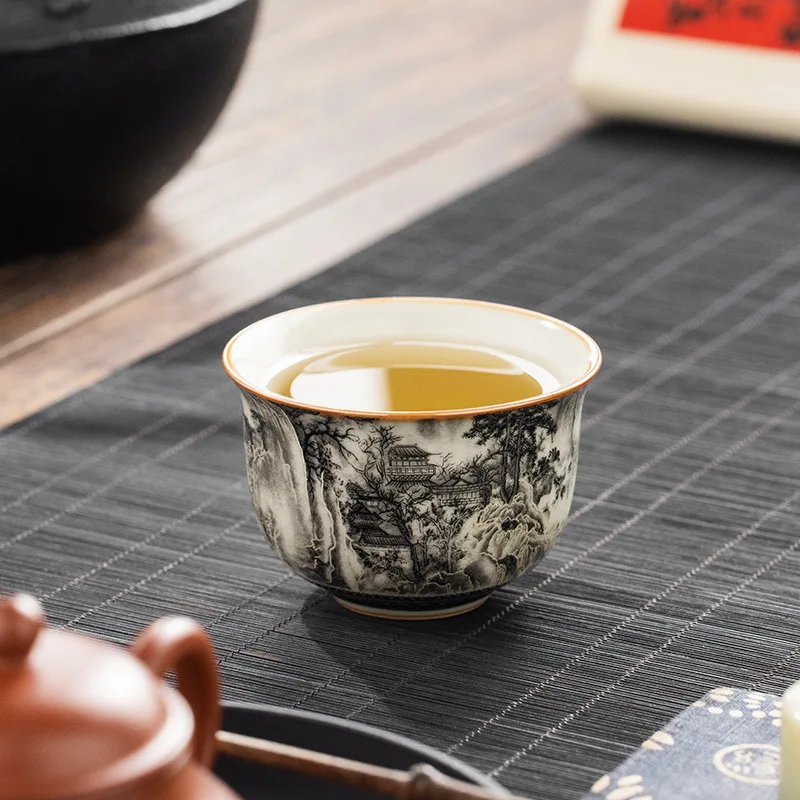 Ru Kiln Ink Landscape Round Ding Tea Cup Premium Personal Master Cup Crackle Glaze Cultivable Ceramic Tasting Tea Cup