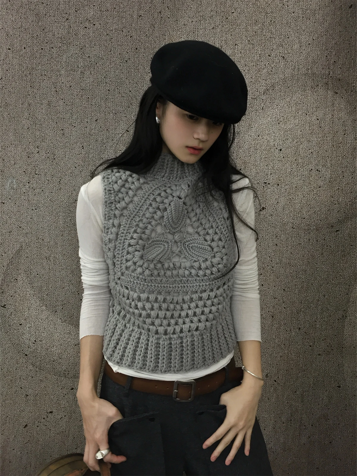 

uowang Handmade Hook Knit Vintage Svel Vest Sweater Retro Sle Autumn Collection 00% Other Material Hanrted
