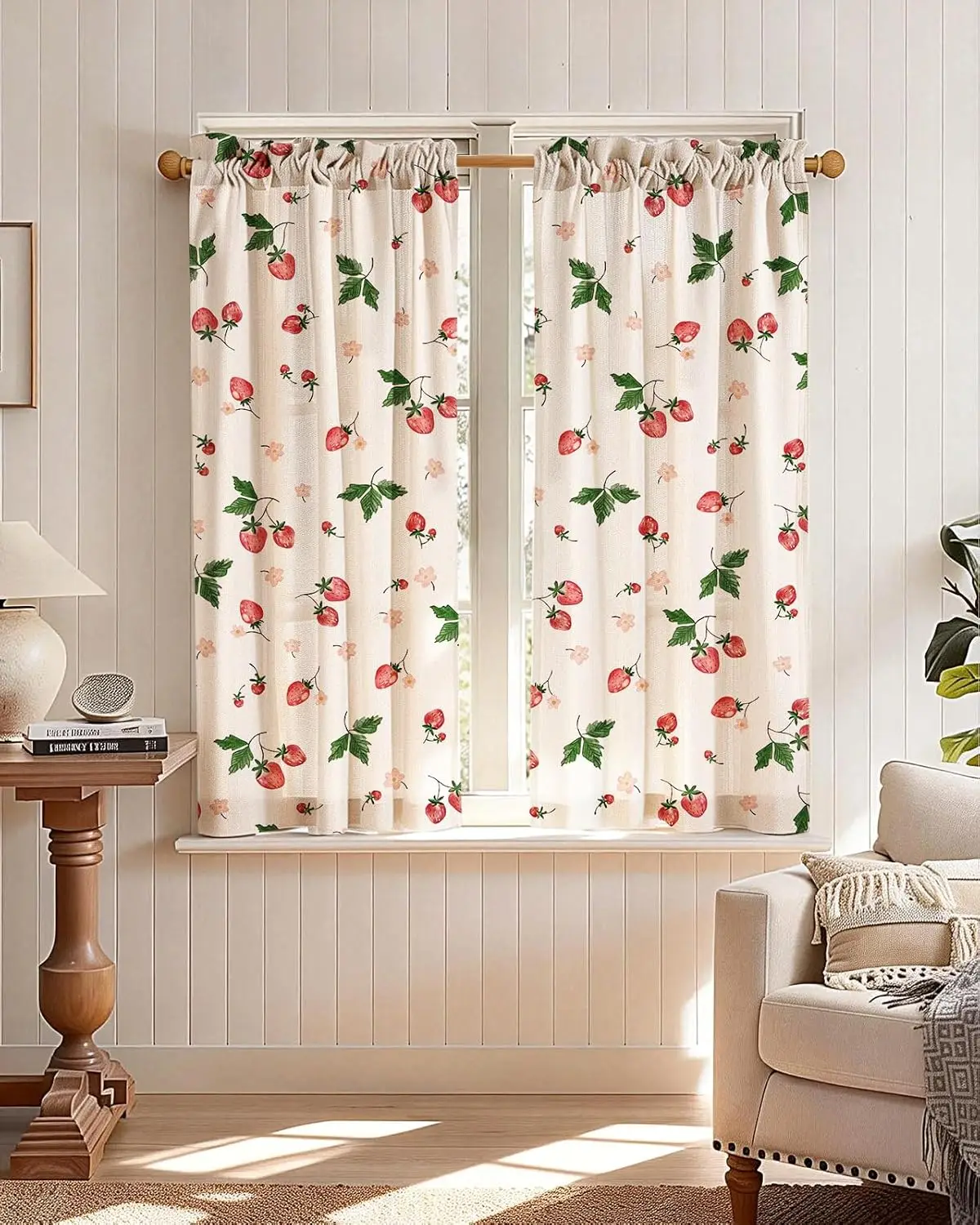 Strawberry Curtain Cute Red Fruit and Green Leaf Print for Kitchen Window Cottage Decor