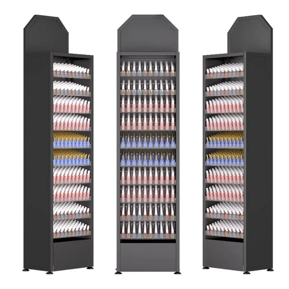 

Прочная металлическая 10-ярусная настенная подставка для лаков для ногтей с акриловыми вставками для розничных магазинов, выставок и салонов