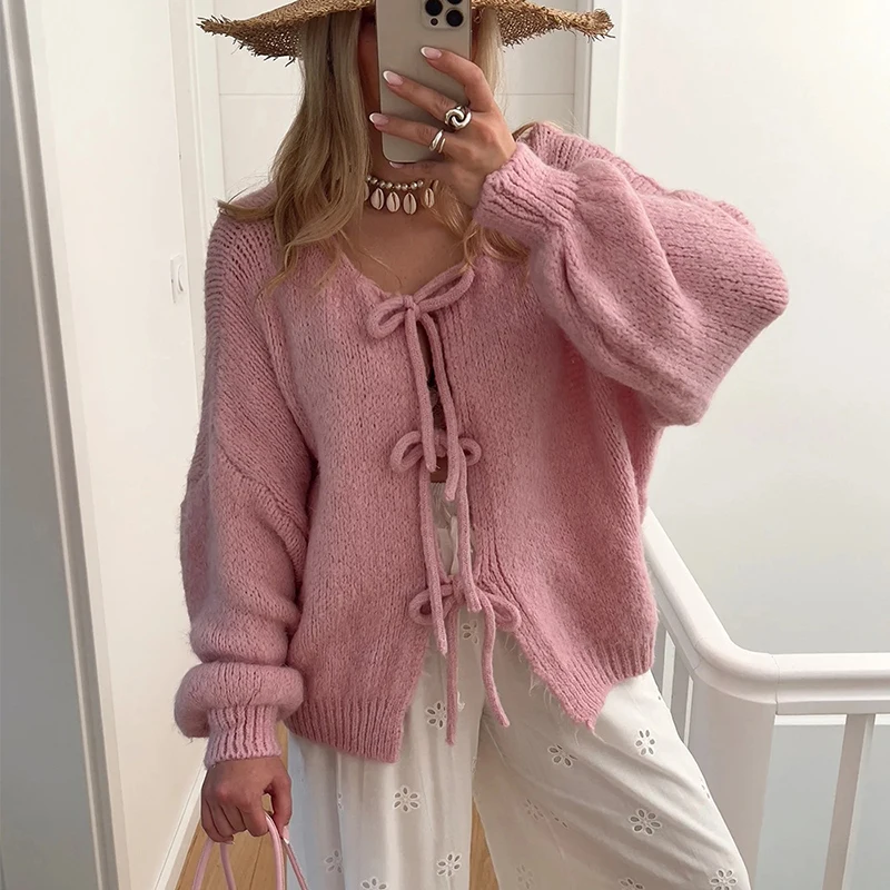 

Casual Loose Solid Lace Up Sweater Top Fashion Knitted Crew Collar Long Sleeve Cardigan Autumn Winter Chic Warm Commuter Jumpers