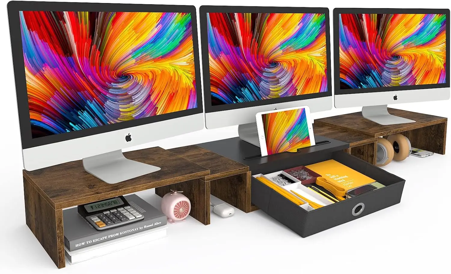 

Triple Monitor Stand Riser with Drawer, Adjustable for 2-3 Screens, Holds Phone & Tablet, Organizes Desktop