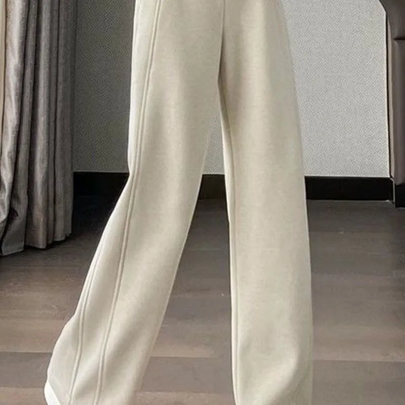 Thickened Fleece Wide Leg Pants Women's Autumn Winter High Waist Straight Cut Casual Trousers Open Slit Banana Pants