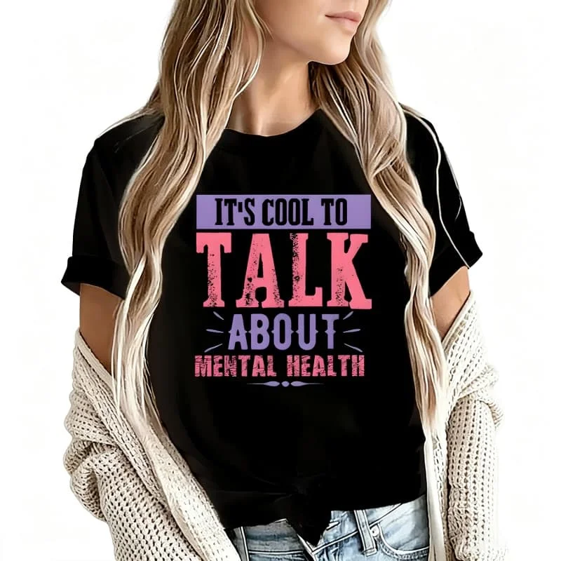 It's Cool to Talk about Mental Health Women's T-Shirt 100% Cotton Funny Graphic Short Sleeve Tee Novelty Shirt Casual Crew Neck Top S-5Xl