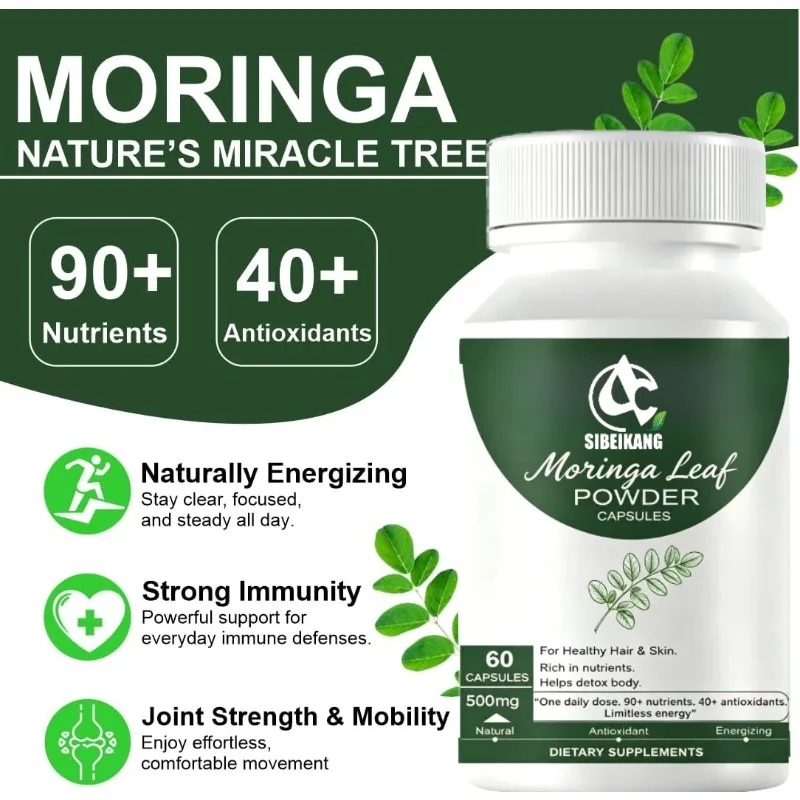 Moringa Capsules - A Daily Green Superfood That Provides Energy for Skin, Hair, and Nail Health Support