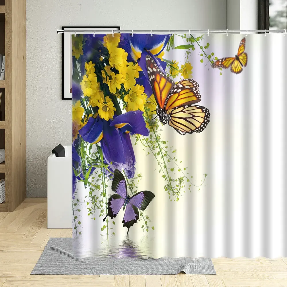 Spring Flowers Butterfly Shower Curtain Daisy Rose Orchid Floral Plant Home Decor Screens Waterproof Bathroom Curtains With Hook