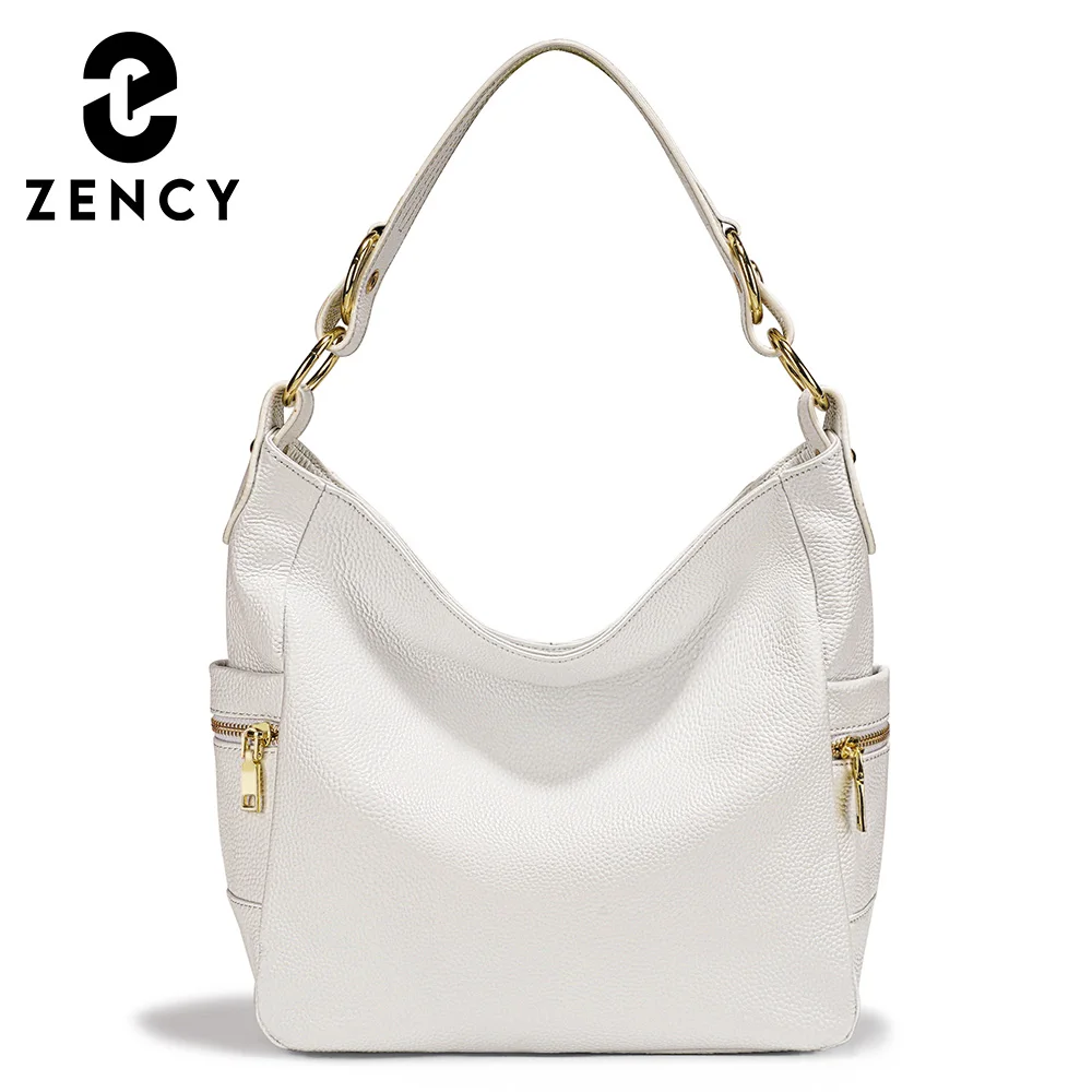

Zency Elegant White 100% Genuine Leather Women Hobo Handbag Shoulder Bag Large Capacity Lady Zipper Crossbody Bags Designer