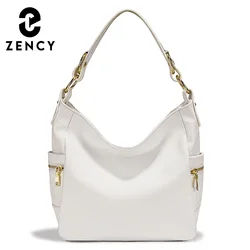 Zency Elegant White 100% Genuine Leather Women Hobo Handbag Shoulder Bag Large Capacity Lady Zipper Crossbody Bags Designer