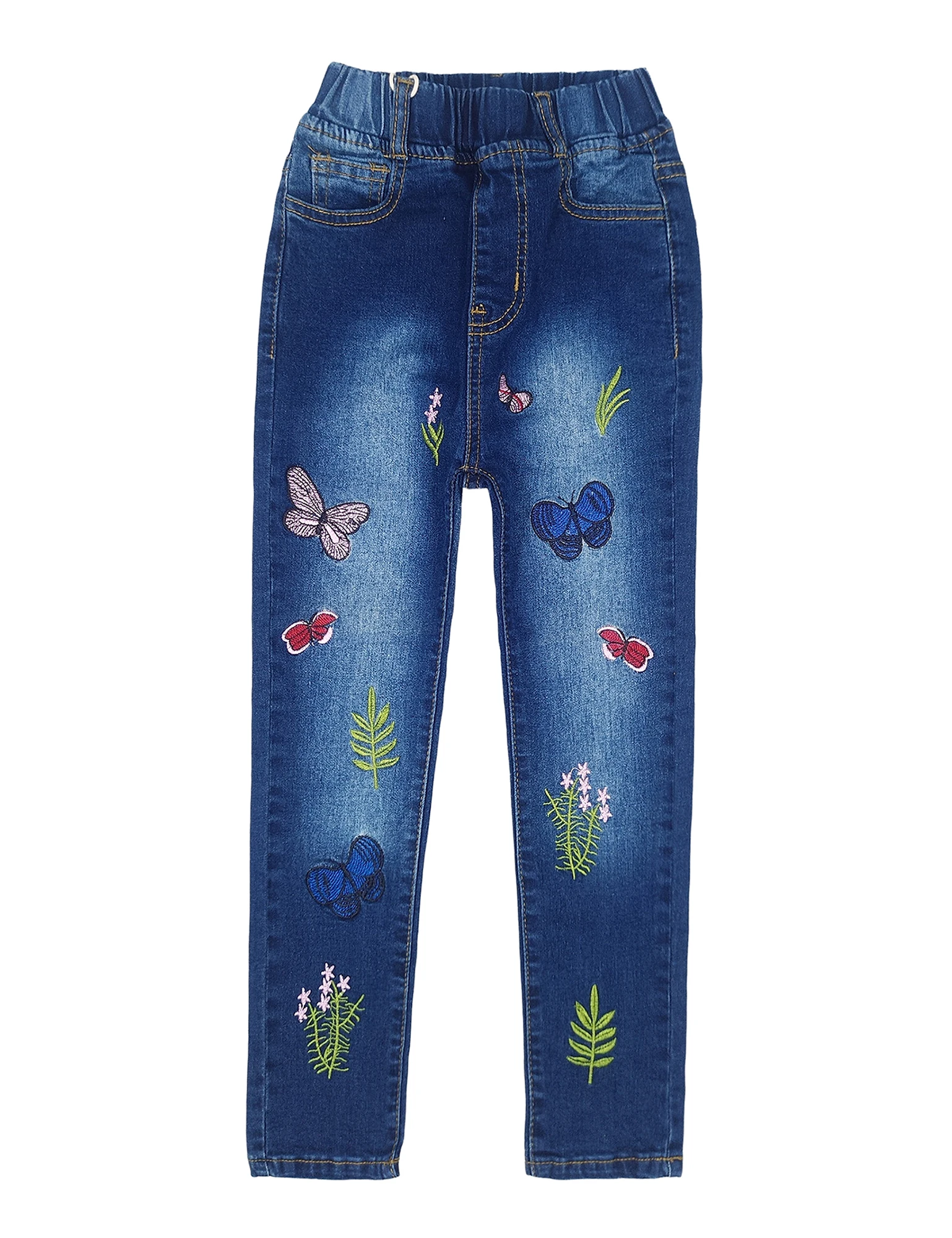 KIDSCOOL SPACE  Little Girls Embroiderd Grass Jeans Pants,Blue