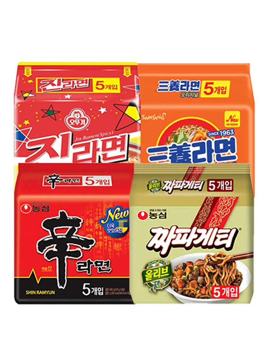 Mixed bag of noodles: 20 bags (5 bags of Shin Ramyun + 5 bags of Jjajang Ramen + 5 bags of Jin Ramen Spicy Flavor + 5 bags of Samyang Ramen)