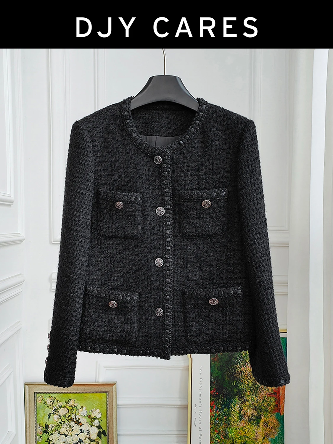 

New Coarse tweed slimming black top big size