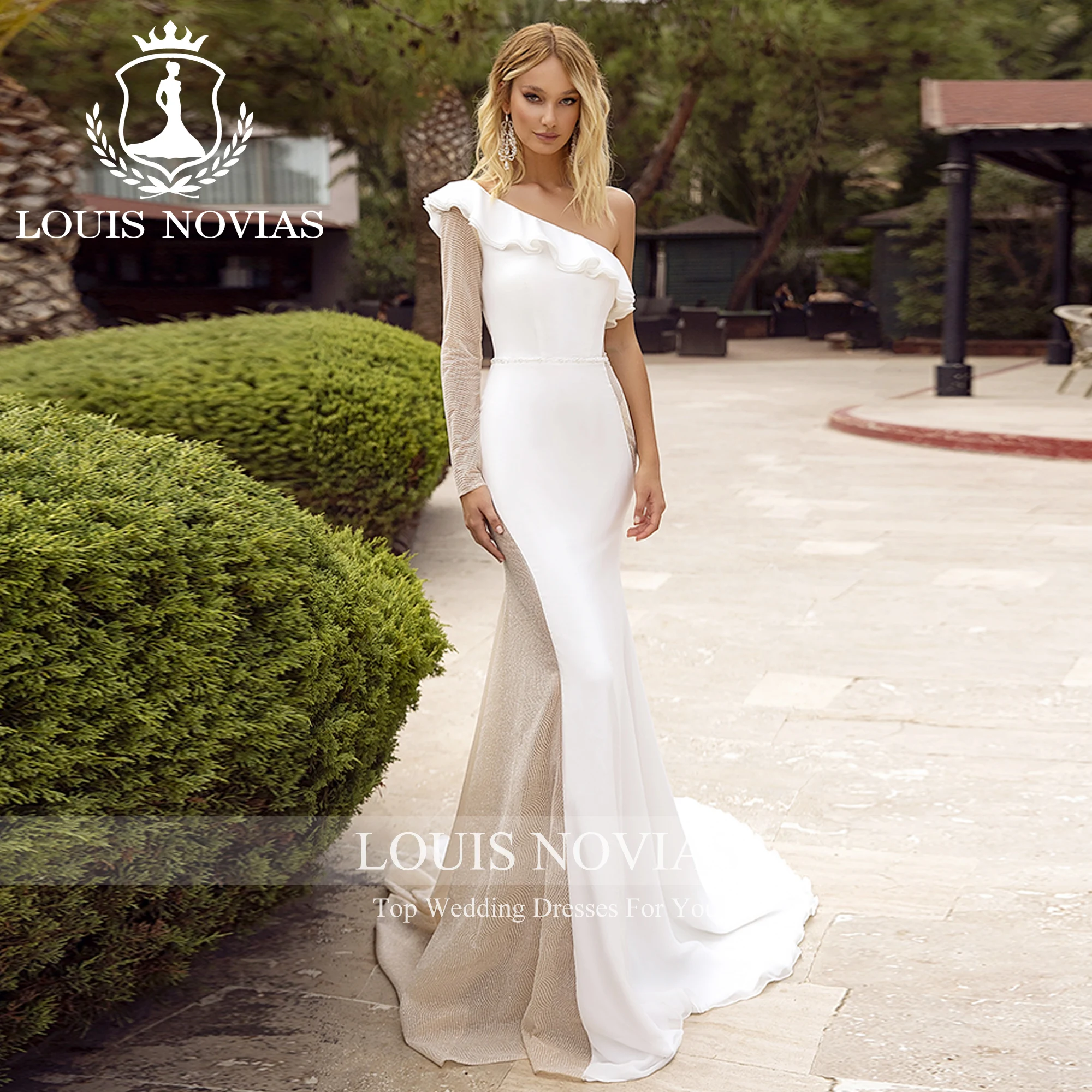 LOUIS NOVIAS แขนยาวชุดเดรสเมอร์เมดเซ็กซี่หนึ่งไหล่ RuFFLES Backless ภาพลวงตาซาตินชุดแต่งงาน Vestidos De Novia