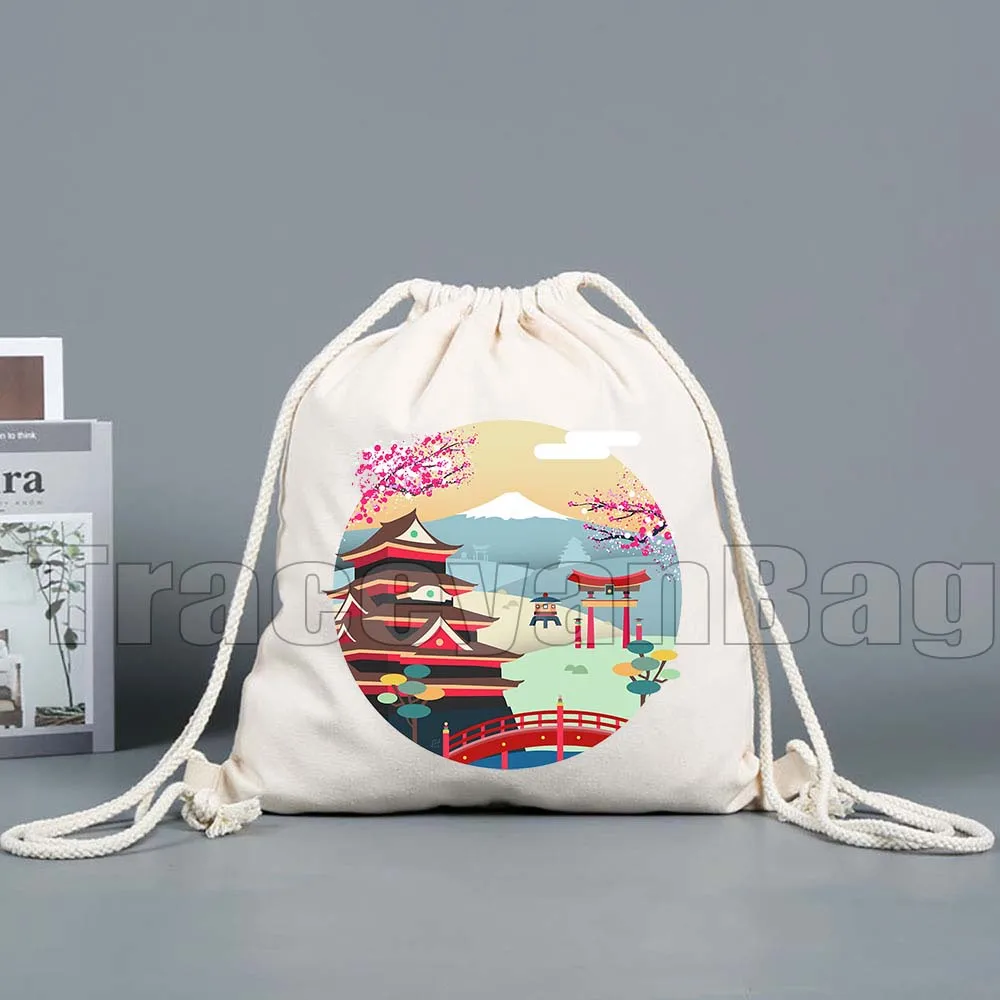 طوكيو Maneki Neko لطيف اليابانية محظوظ القط جبل فوجي جنبان نمط طباعة قماش الرباط أكياس كرة القدم على ظهره رياضة اليوغا Sackpack #3