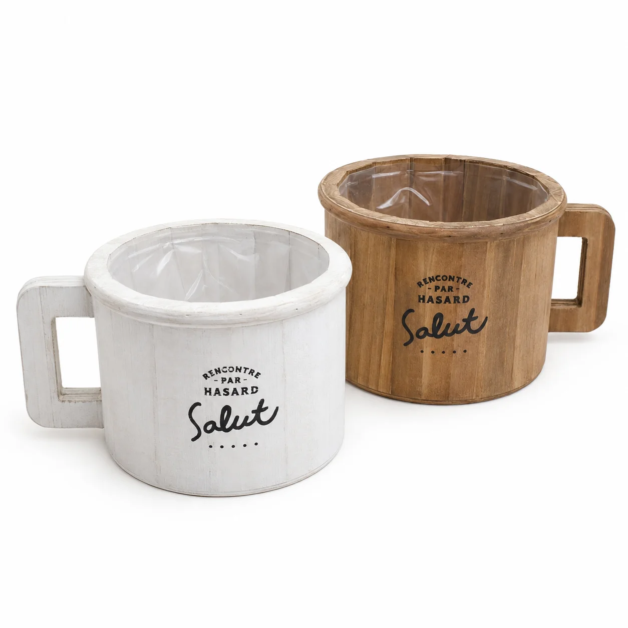 Set of 2 Vintage Wooden Mug Planters with Handles, Rustic White and Natural Wood Flower Pots with Drainage Holes and Plastic Lin