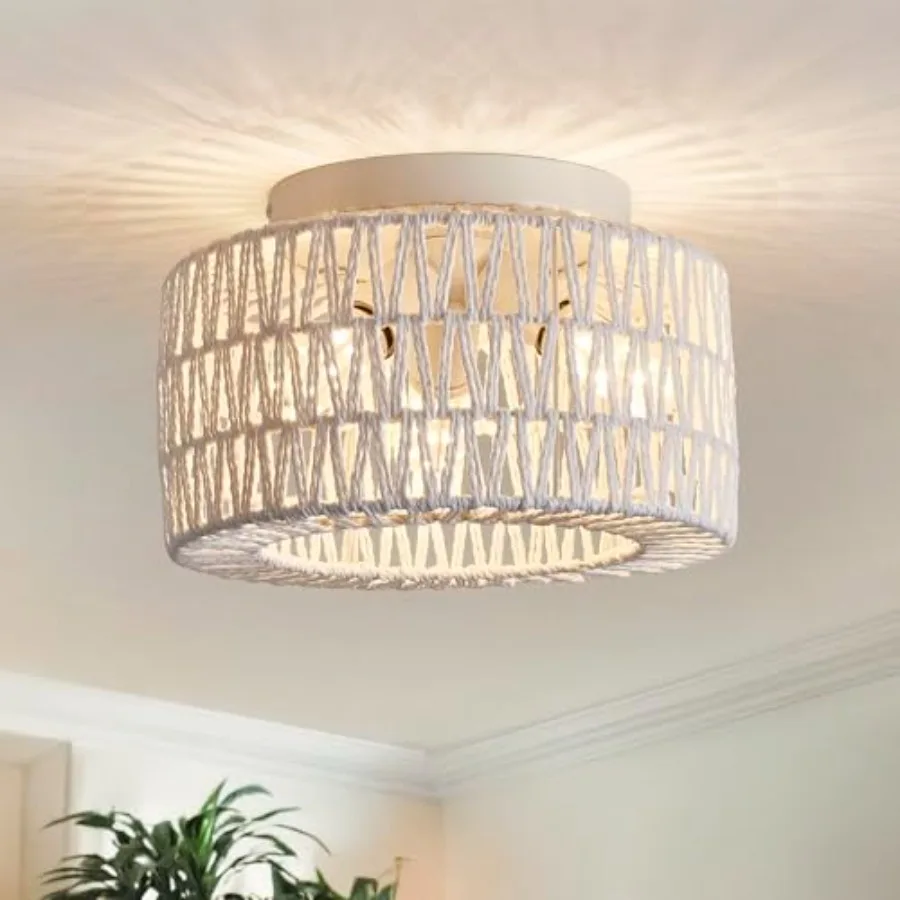 Rattan Light Fixtures Ceiling Mount 3-Lights Boho Flush Mount Ceiling Light Hand-Woven Cage Shade Lamp Lighting Rustic Rattan C