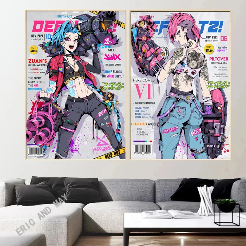 League Anime of Legends Arcane Jinx/Vi Fashion Magazine Cover Canvas Painting Wall Pictures Bedroom Gaming Room Home Decoration