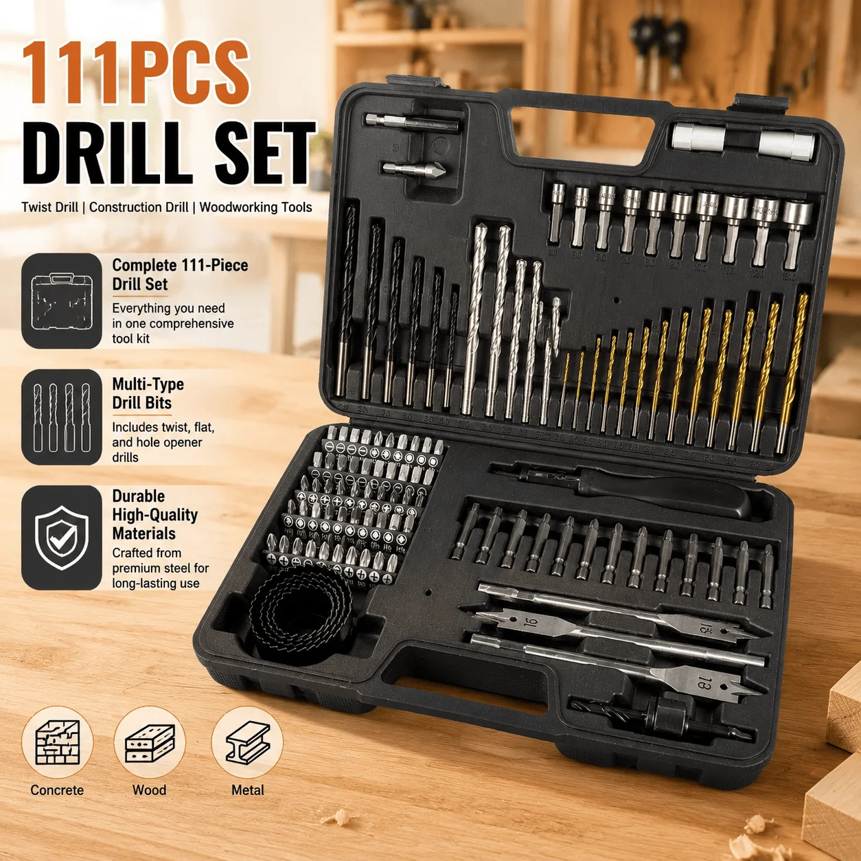 111Pcs Drill Bit Set High Speed Steel Twist Woodworking Carpenter Tool Screwdriver Bits Hole Opener Multifunctional DIY Tool Kit