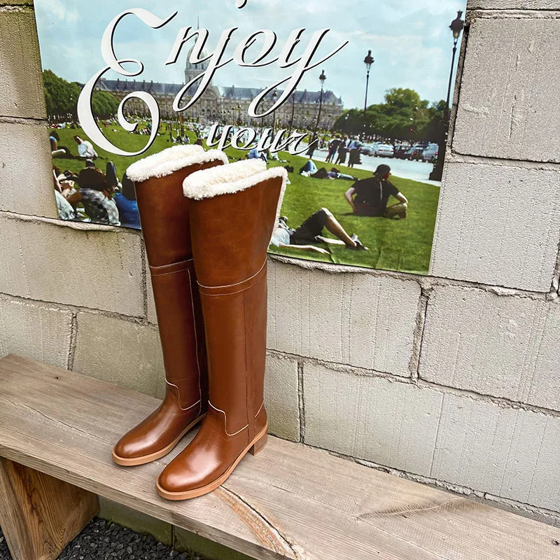 MKKHOU Fashion Over The Knee Boots Women\'s New High-Quality Genuine Leather Boots Wool Boots Winter Warm Snow Boots Long Boots