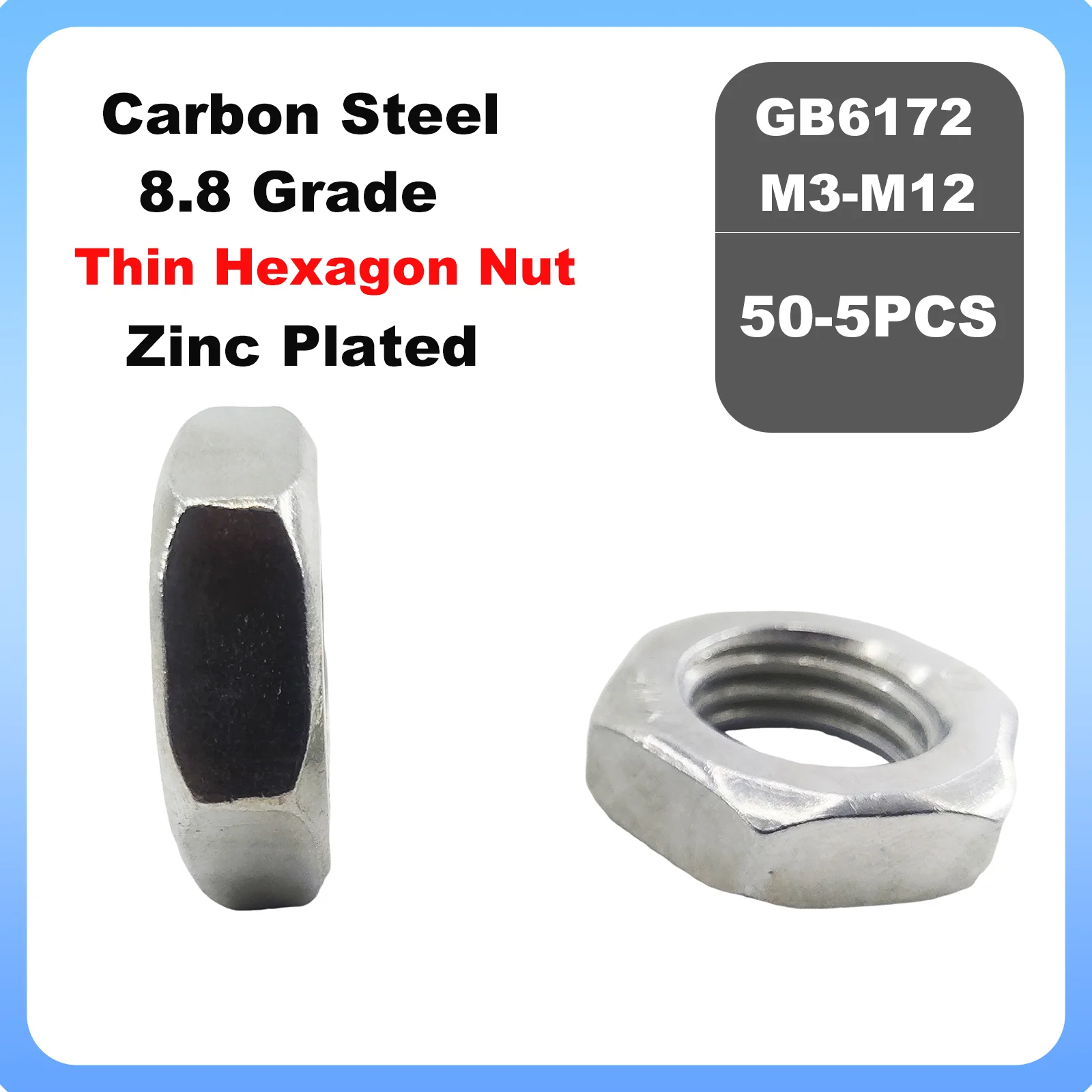 5/10/20/50Pcs GB6172 M3 M4 M5 M6 M8 M10 M12 Zinc Plated Hexagonal Nut Thin Hex Nuts Bolts and Nuts DIN439