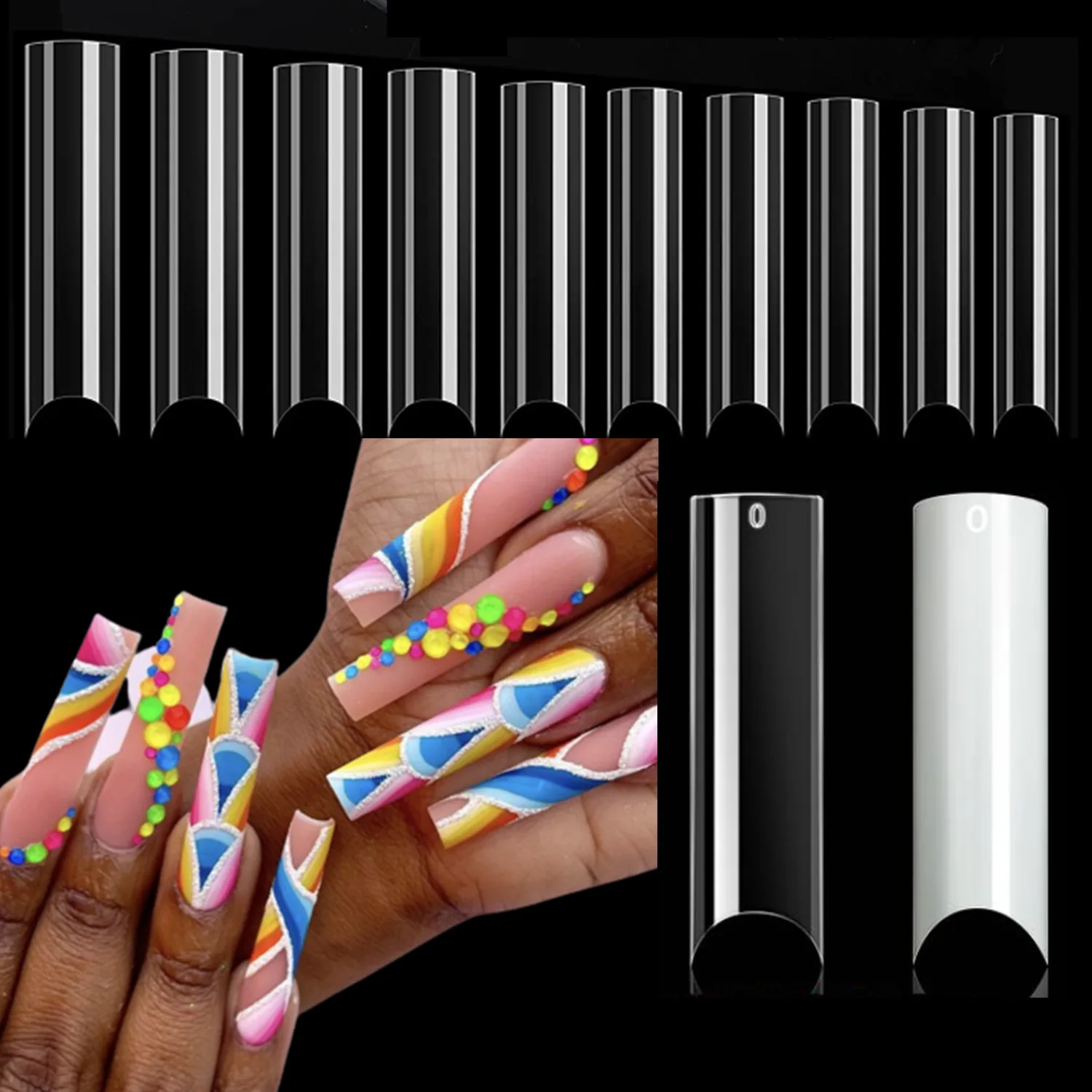 500Pcs Extra Long C Curve Nail Tips XL Natural and Clear False Nails for Acrylic Nails Straight Tapered Square Press on