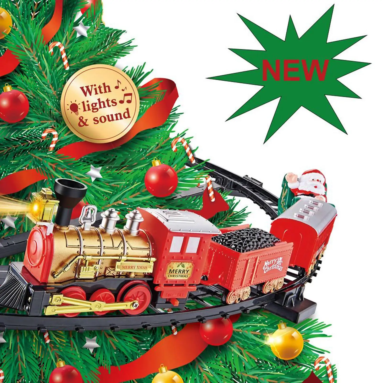 Árbol de Navidad, juego de tren con motor musical, tren eléctrico ensamblado Diy con sonido ligero, decoración del hogar para sala de estar, dormitorio, sala de juegos
