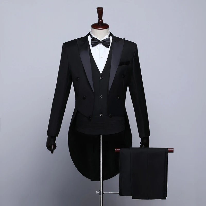 Mens Tuxedo Tailcoat Formal Dress Suits Swallow Tail Coat Navy Blue Male Jacket Suits Party Wedding Dance Magic Performance